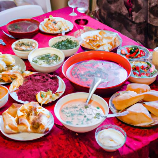 A delicious spread of traditional Russian dishes, including borscht, pelmeni, blini, and kvass, showcasing the diverse flavors of Russian cuisine.