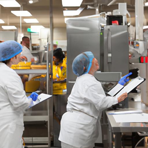 Employees monitoring critical control points in a food processing facility implementing HARPC guidelines.